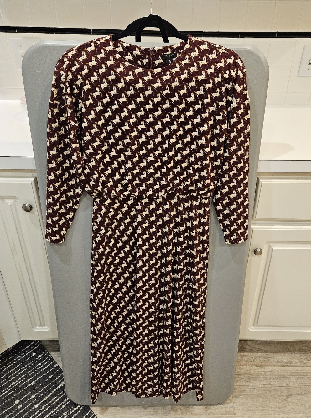 Ann Taylor Women's Burgundy and Cream Long-Sleeve Midi Dress